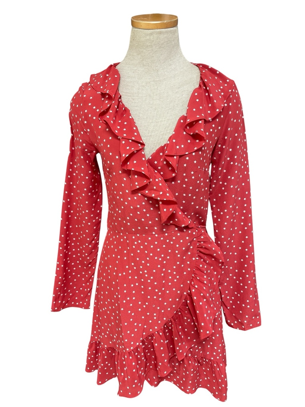 Realisation Par Mini Dress Red Star Print Ruffle Wrap Silk XS